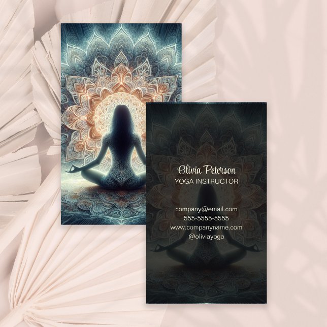 Modern Yoga Teacher Mandala Yogi Girl Business Card (Modern Yoga Teacher Mandala Yogi Girl Business Card on a boho neutral dry palm leaf.)