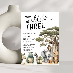 Modern Young Wild and Three Safari 3rd Birthday Invitation