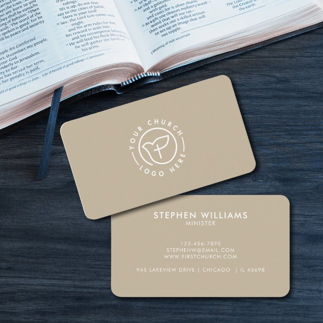 Modern Your Church Logo Minister Minimalist Tan Business Card (Creator Uploaded)