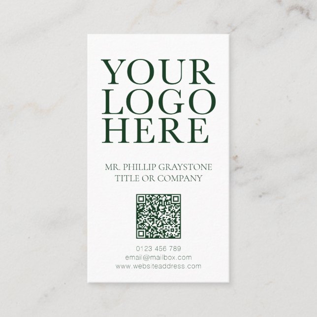 Modern Your Logo Image Green & White QR Code Business Card (Front)