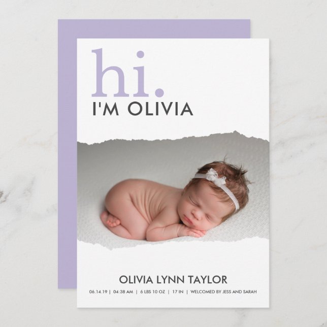 Modern Your Photo Torn Paper Birth Announcement (Front/Back)