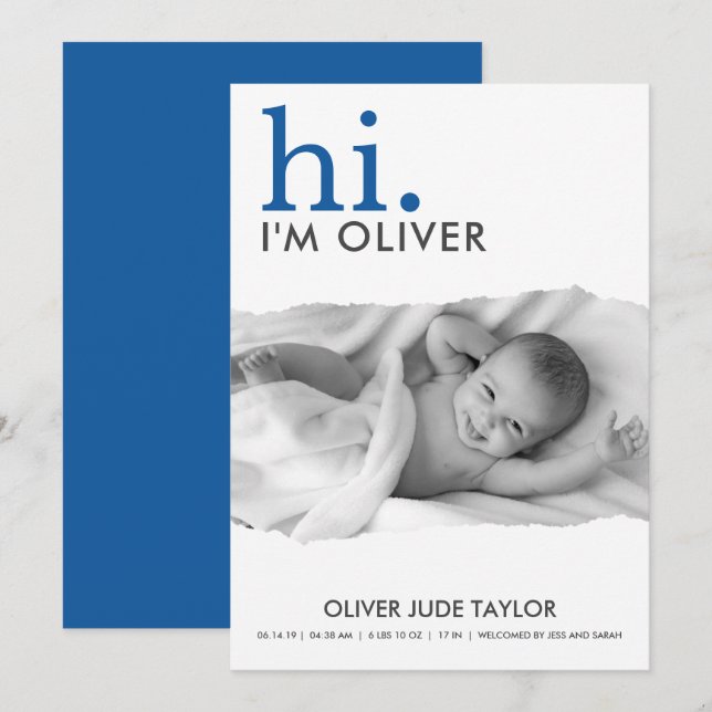 Modern Your Photo Torn Paper Birth Announcement (Front/Back)