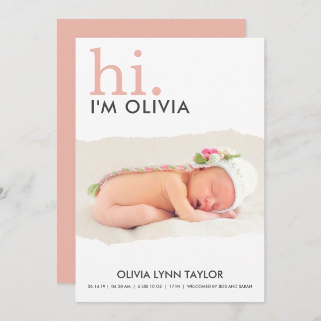 Modern Your Photo Torn Paper Birth Announcement (Front/Back)