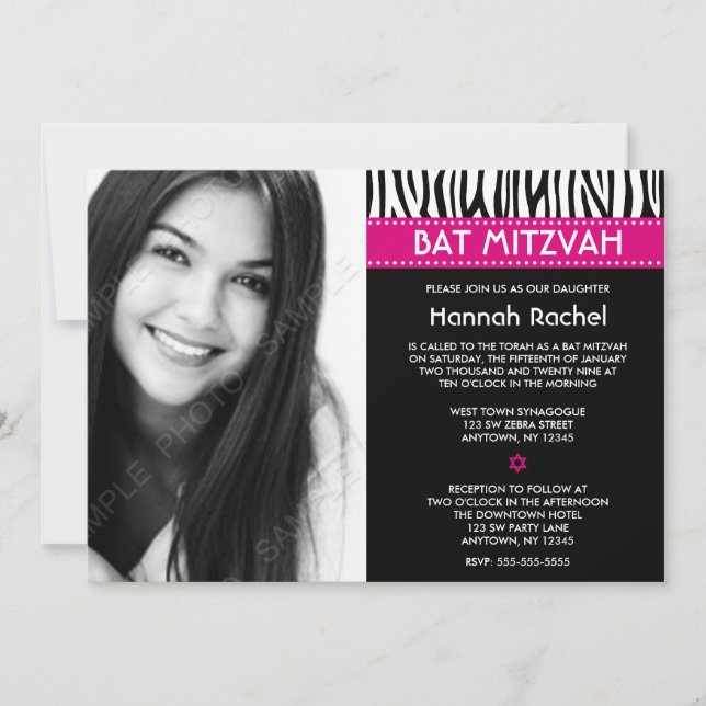 Modern Zebra Pink Photo Bat Mitzvah Invitations (Front)