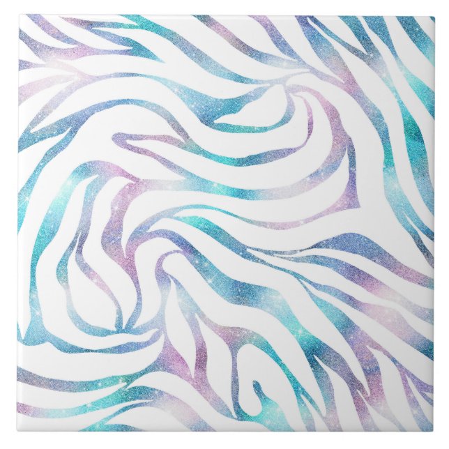 Modern Zebra Print Glam Blue Purple Glitter  Ceramic Tile (Front)