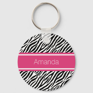 Modern Zebra Print With Pink Stripe and Name Key Ring
