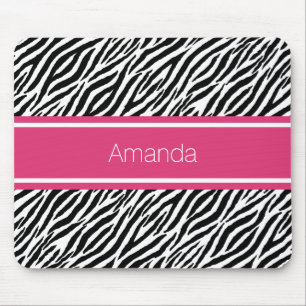 Modern Zebra Print With Pink Stripe and Name Mouse Pad