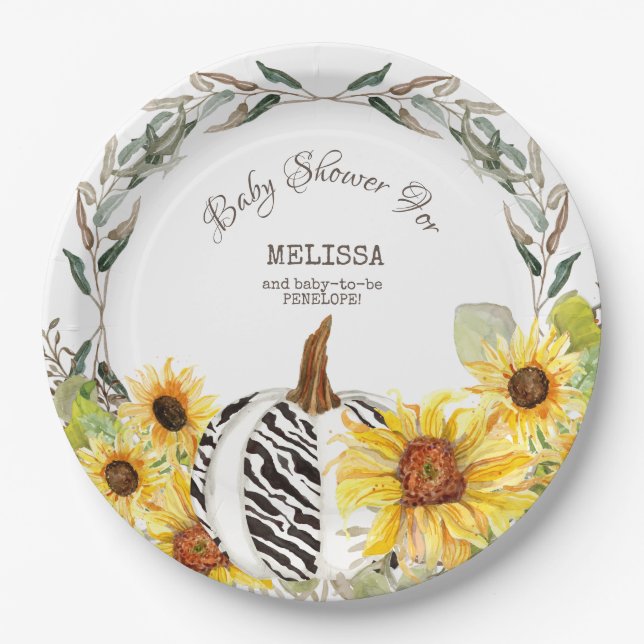 Modern Zebra White Pumpkin Sunflowers Baby Shower Paper Plate (Front)