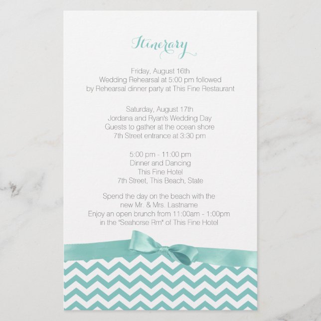 Modern Zig Zag Aqua and Grey Itinerary (Front)