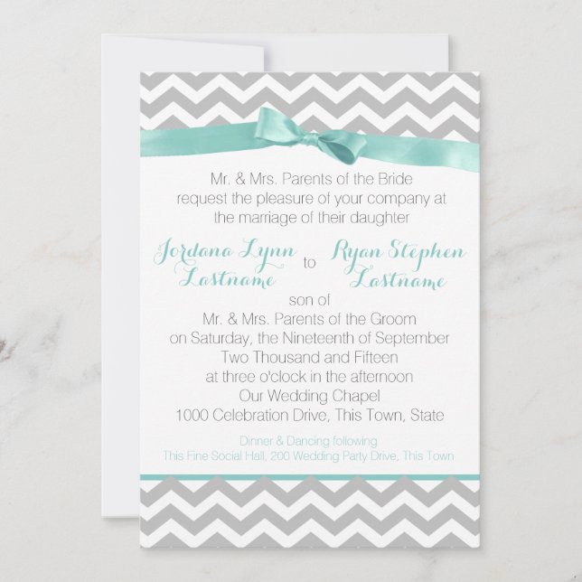 Modern Zigzag Aqua and Bow Invitation (Front)
