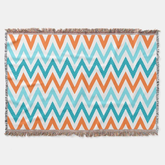 Modern ZigZag Chevron Orange Aqua Blue Pattern Throw Blanket (Front)
