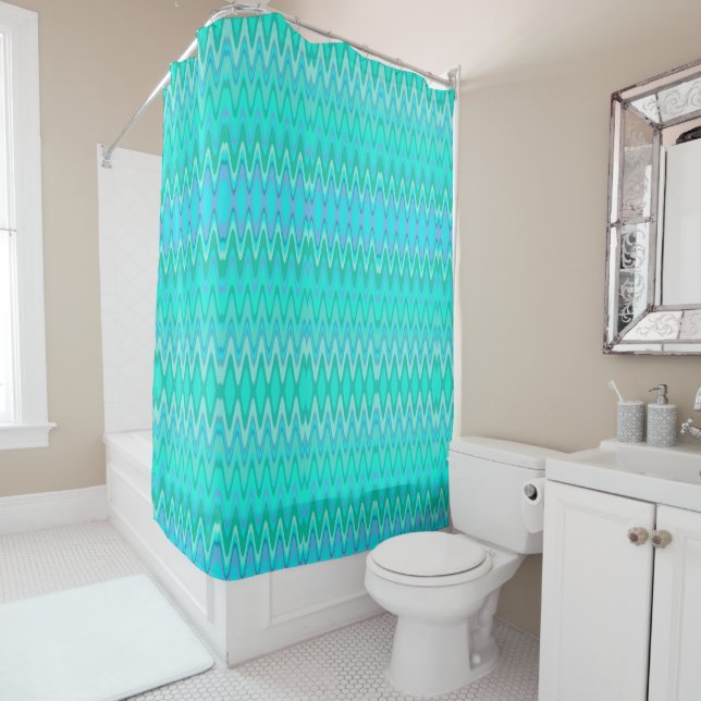 Modern zigzag pattern - waves in turquoise shower curtain (In Situ)