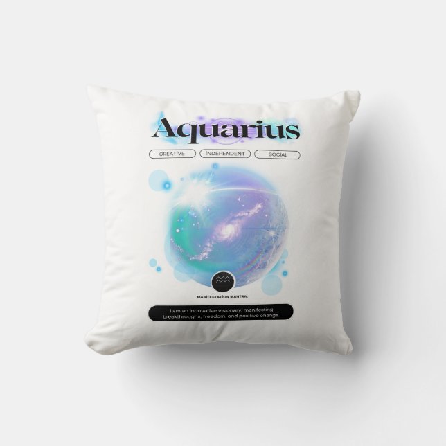 Modern Zodiac Sign Aquarius Quote Air Element Cushion (Front)