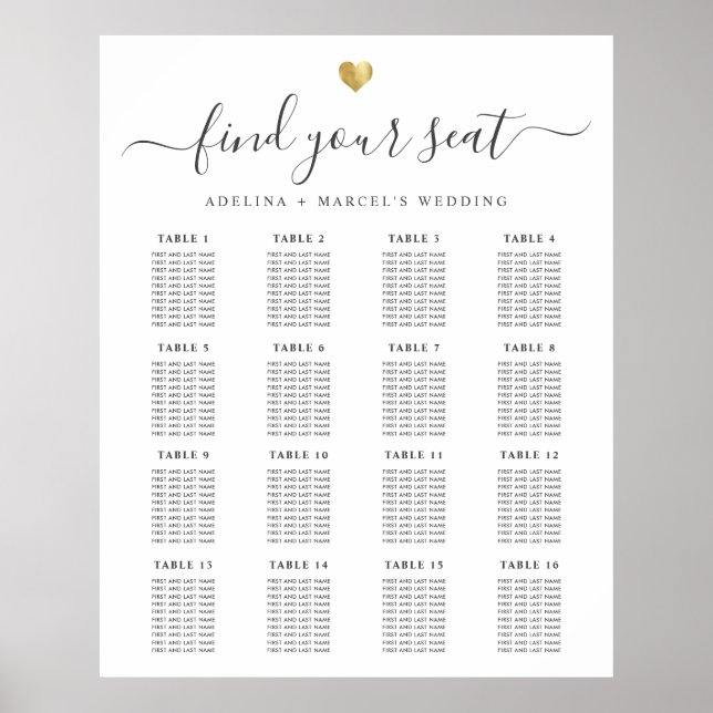 ModernCalligraphy Gold Heart Wedding Seating Chart (Front)