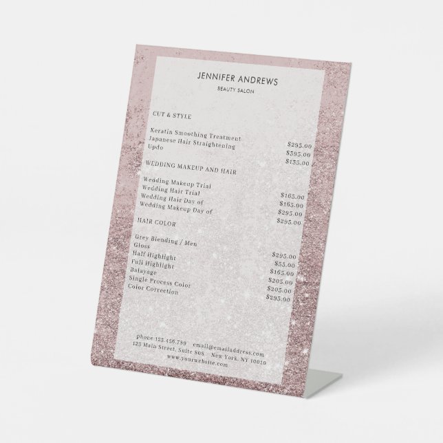 Moderner Rosa Glitzer Salon Price  Sockelschild Pedestal Sign (Front)