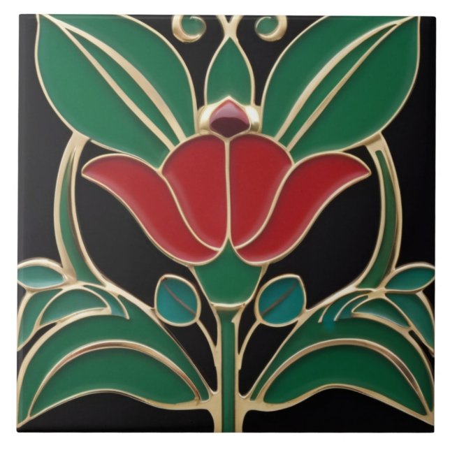 Modernist Art Nouveau Bold Black Green Red Flower Ceramic Tile (Front)