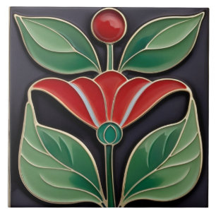 Modernist Art Nouveau Faux Relief Bold Red Flower Ceramic Tile