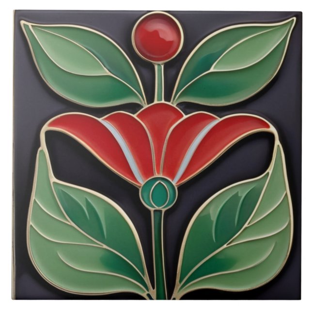 Modernist Art Nouveau Faux Relief Bold Red Flower Ceramic Tile (Front)