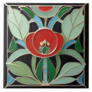 Modernist Art Nouveau Faux Relief Green Red Flower Ceramic Tile