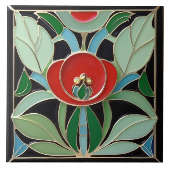 Modernist Art Nouveau Faux Relief Green Red Flower Ceramic Tile (Front)