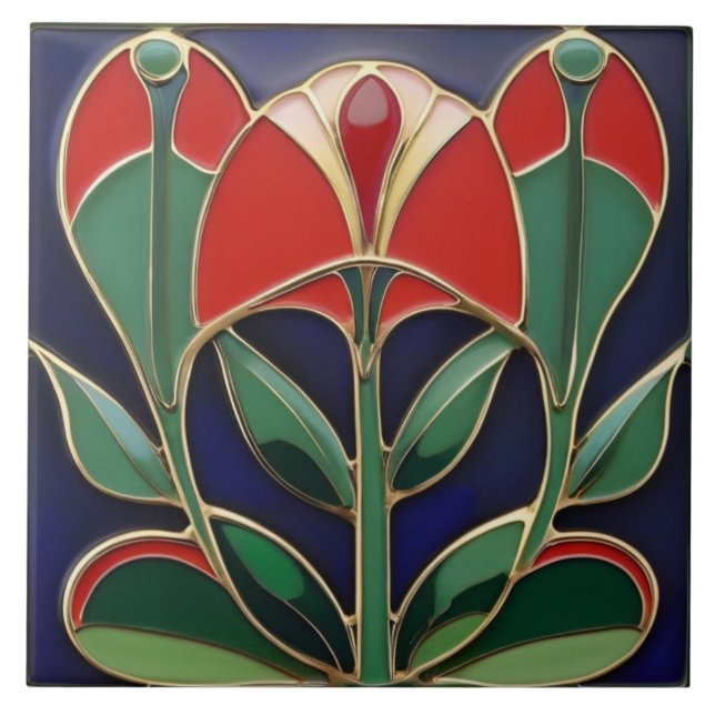 Modernist Art Nouveau Green & Red Flower Curves Ceramic Tile (Front)