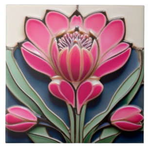 Modernist Art Nouveau Protea Flower Hot Pink Ceramic Tile