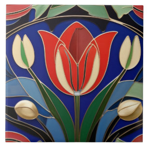 Modernist Art Nouveau Red Tulip Flower Floral Ceramic Tile
