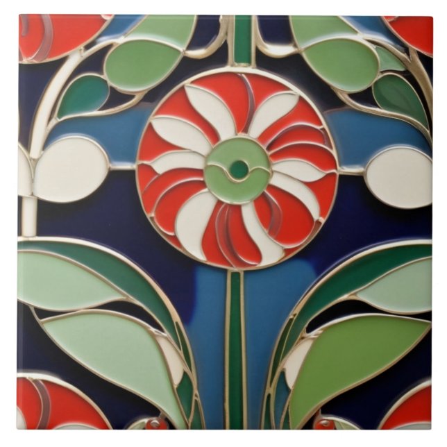 Modernist Art Nouveau Round Red Flower Floral Ceramic Tile (Front)