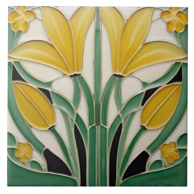 Modernist Art Nouveau Yellow Tulip Flowers Ceramic Tile (Front)