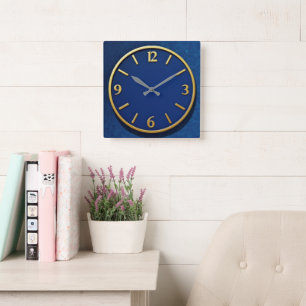 Modernist Blue + Gold Square Wall Clock