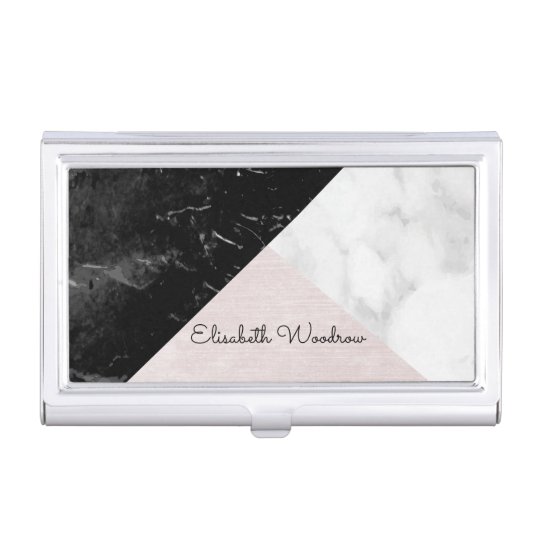 Modernist Geometric Trio Black, White, Pink Silk Business Card Holder