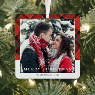 Modernl Stylish Red Plaid Christmas Couple Photo Metal Tree Decoration