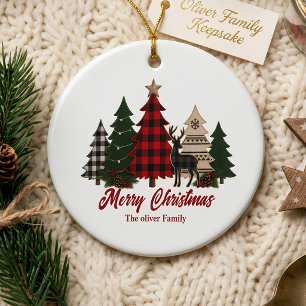 ModernRustic Plaid Christmas Family Trees Reindeer Ceramic Ornament
