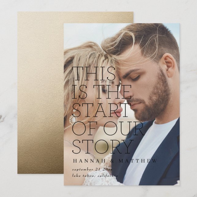 modernstart of our story gold typography wedding save the date (Front/Back)