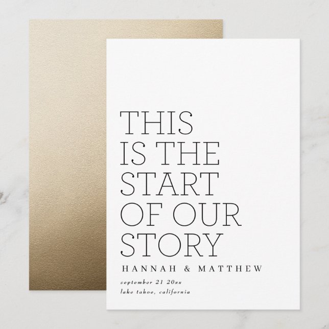modernstart of our story gold typography wedding save the date (Front/Back)