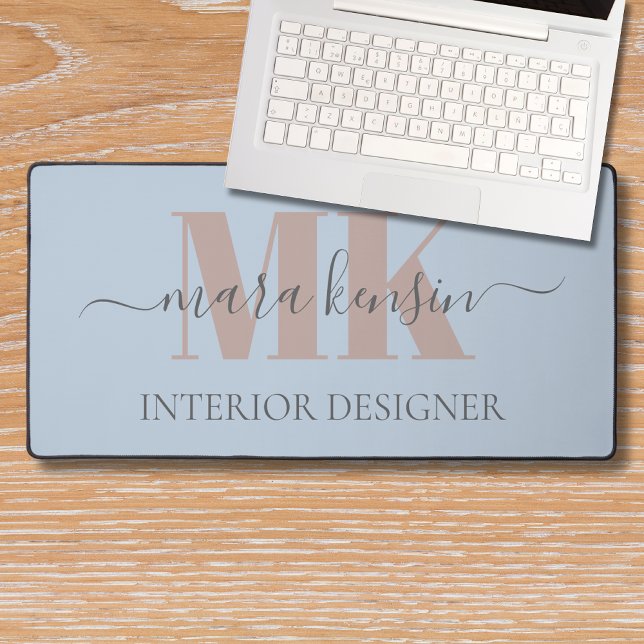 Modert Mocha Mousse Monogram Dusty Blue Desk Mat (Creator Uploaded)