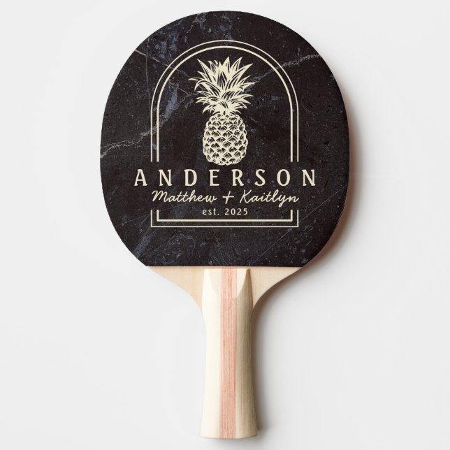 Modest Dark Stone Pineapple Wedding Arch & Name Ping Pong Paddle (Front)