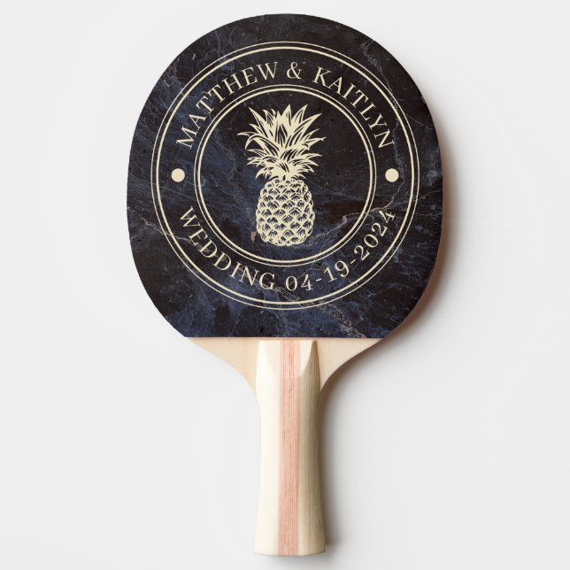 Modest Dark Stone Pineapple Wedding Crest & Names Ping Pong Paddle (Front)