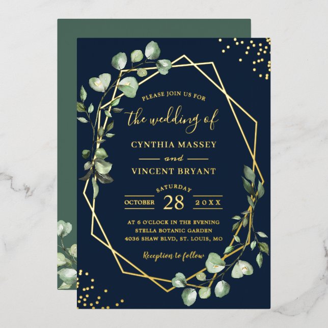Modish Geometric Eucalyptus Leaves Wedding Gold (Front/Back)