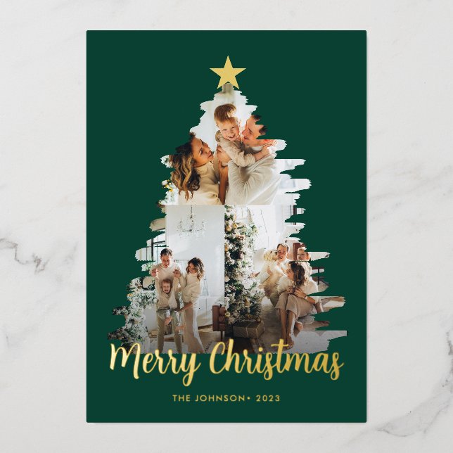Modish Green Christmas Tree Frame 3 Photo Foil Holiday Card (Front)