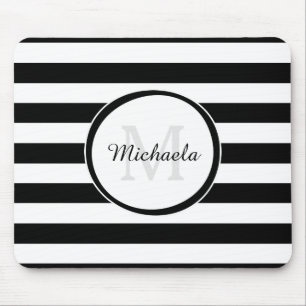 Modish Thick Black and White Stripes and Monogram Mouse Pad