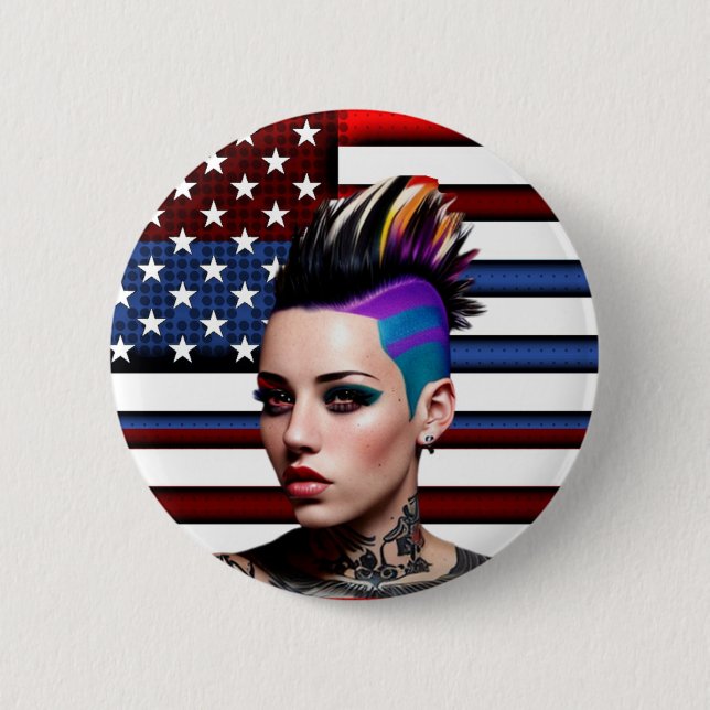 Mohawk Punk Girl with American Flag 6 Cm Round Badge (Front)