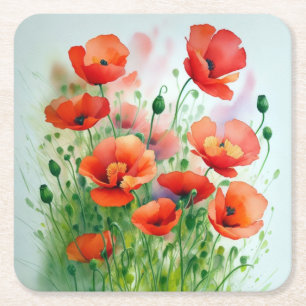 Mohnblumenwiese, Aquarell + Square Paper Coaster
