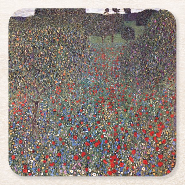 Mohnfeld, Gustav Klimt Square Paper Coaster (Front)