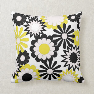 MoJo Throw Pillows, yellow, black & white flowers Cushion