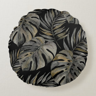 Moku Island Hawaiian Watercolor Monstera- Black Round Cushion