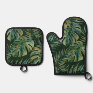 Moku Island Hawaiian Watercolor Monstera - Green Oven Mitt & Pot Holder Set