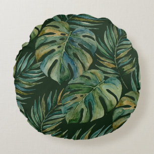Moku Island Hawaiian Watercolor Monstera- Green Round Cushion