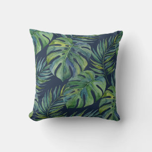 Moku Island Hawaiian Watercolor Monstera- Navy Cushion