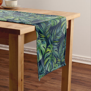 Moku Island Hawaiian Watercolor Monstera- Navy Short Table Runner